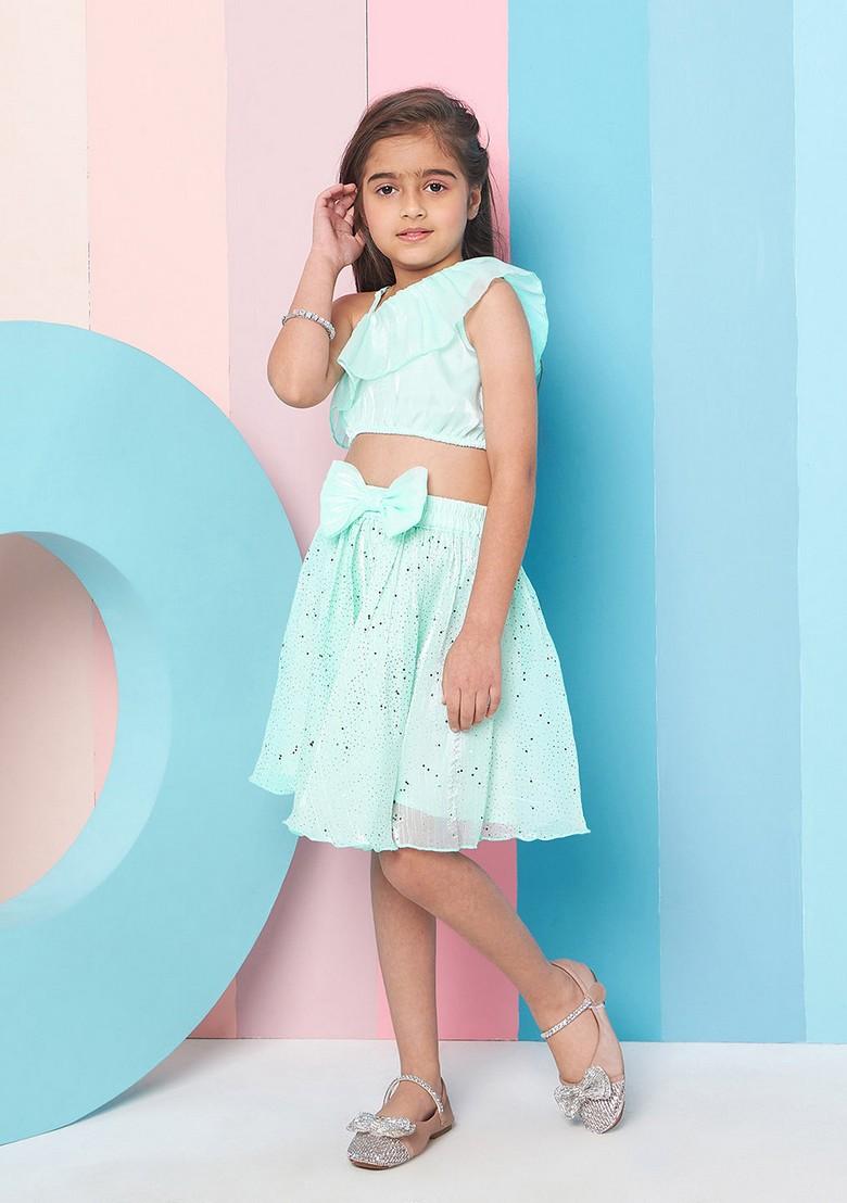 Green Embellished Organza Top With Skirt (Set of 2)