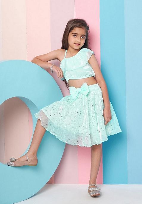 Green Embellished Organza Top With Skirt (Set of 2)