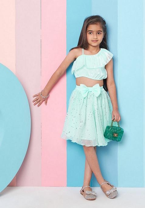 Green Embellished Organza Top With Skirt (Set of 2)