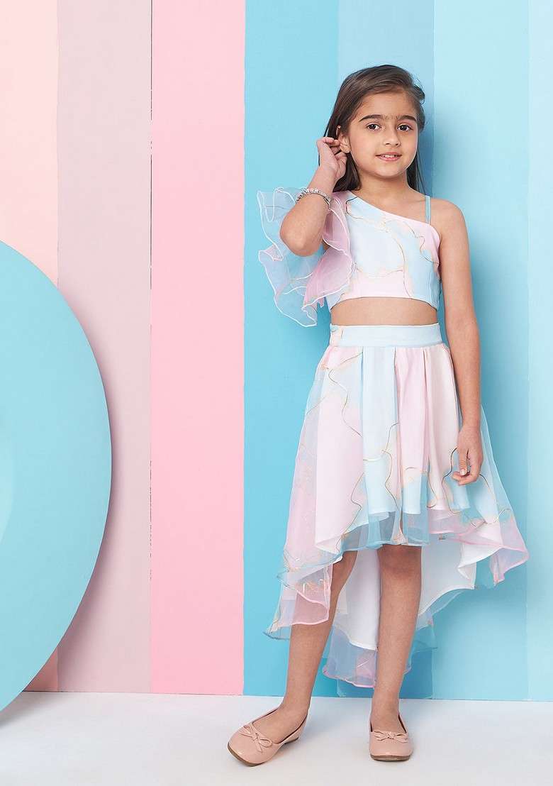 Pink Printed Organza Top With Skirt (Set of 2) - Indya