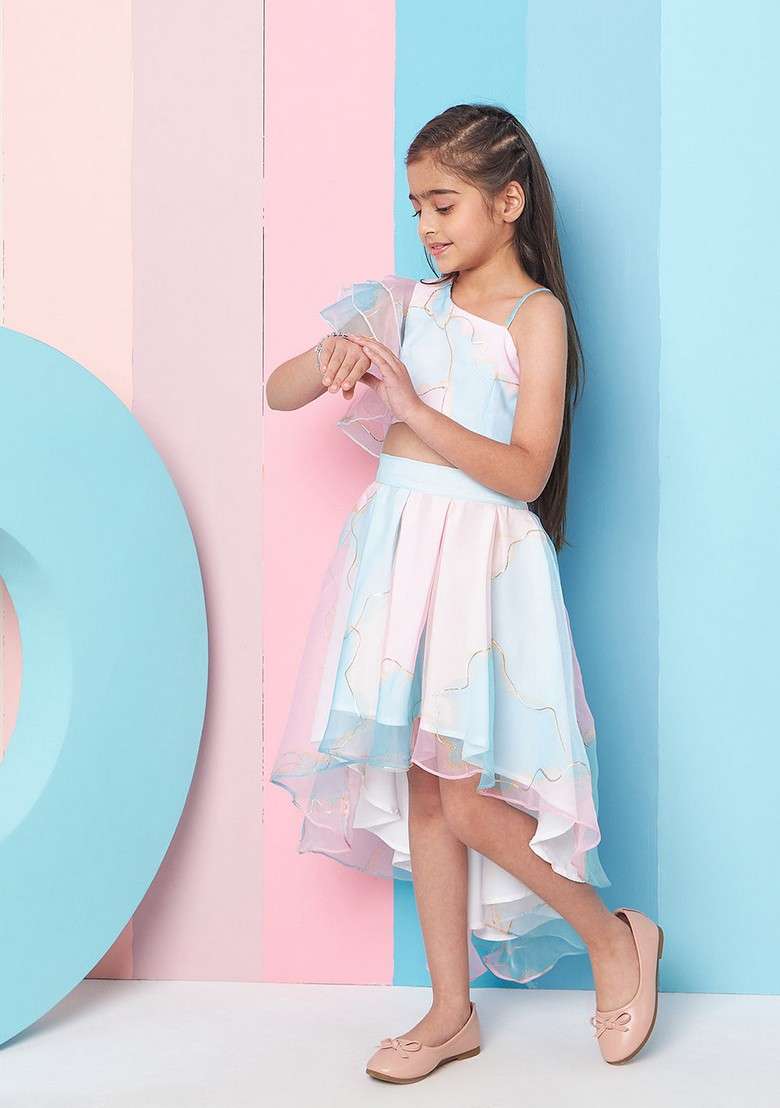 Pink Printed Organza Top With Skirt (Set of 2) - Indya