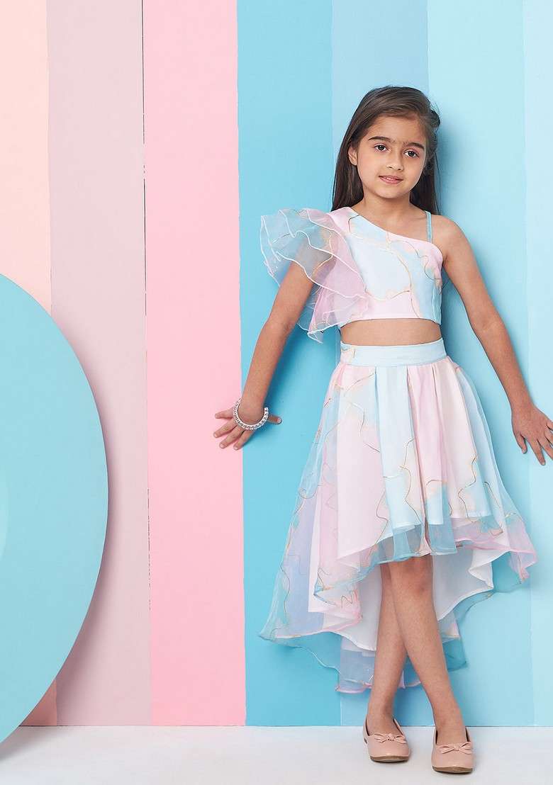 Pink Printed Organza Top With Skirt (Set of 2) - Indya