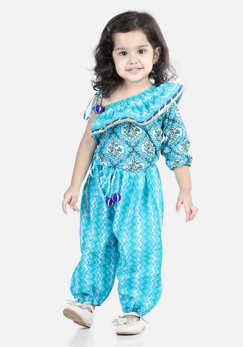 Blue Printed Pure Cotton Top With Pants (Set Of 2)