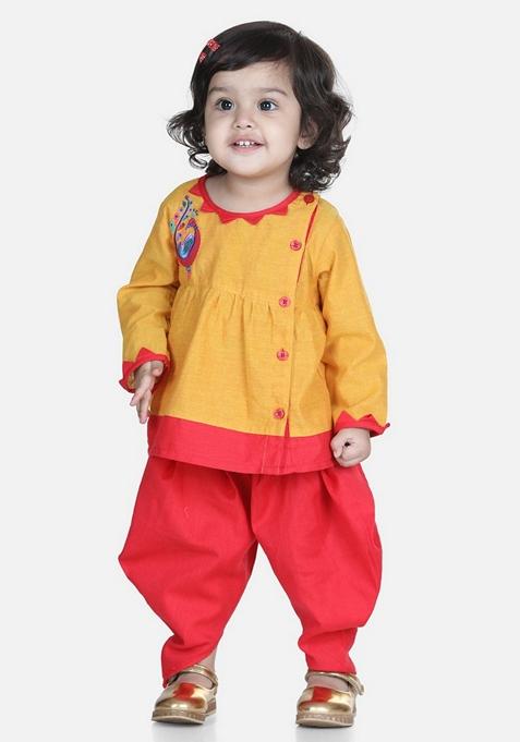 Yellow Embroidered Cotton Top With Dhoti Pants (Set Of 2)