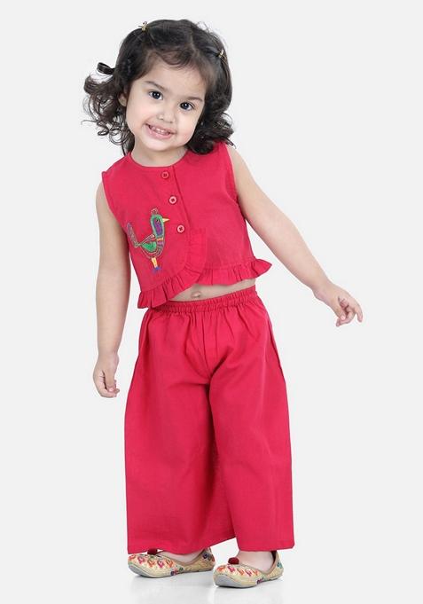 Pink Embroidered Pure Cotton Top With Palazzo (Set Of 2)