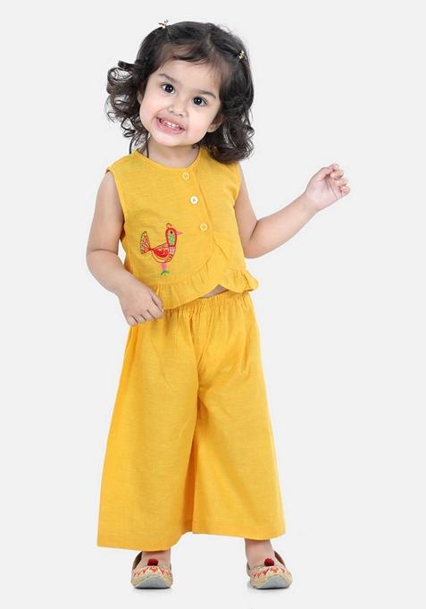 Yellow Embroidered Pure Cotton Top With Palazzo (Set Of 2)