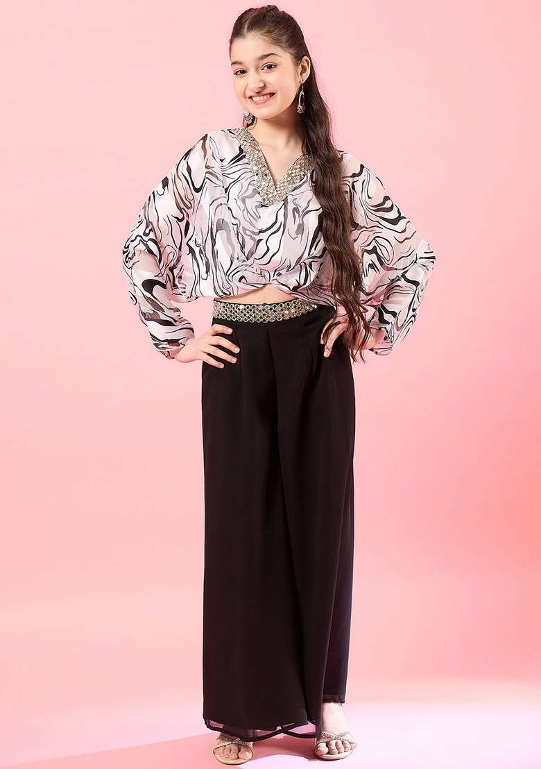 Black Printed Georgette Top With Palazzo (Set Of 2) - Indya