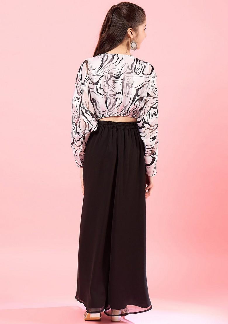 Black Printed Georgette Top With Palazzo (Set Of 2) - Indya