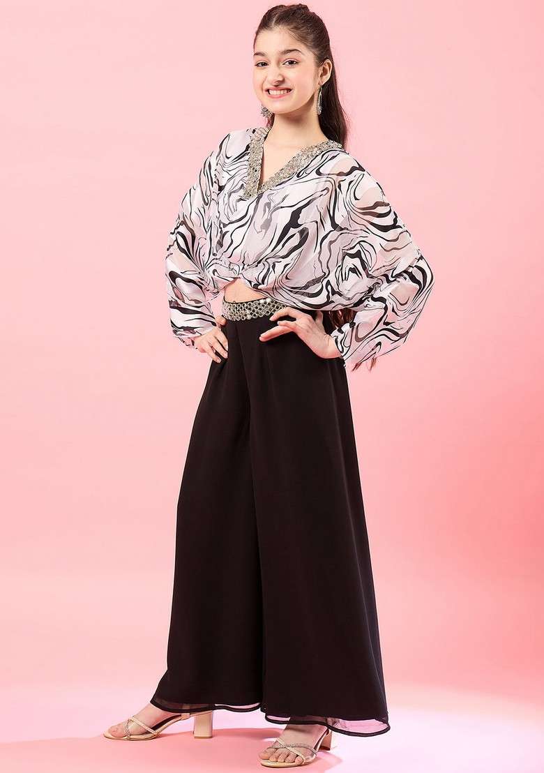 Black Printed Georgette Top With Palazzo (Set Of 2) - Indya