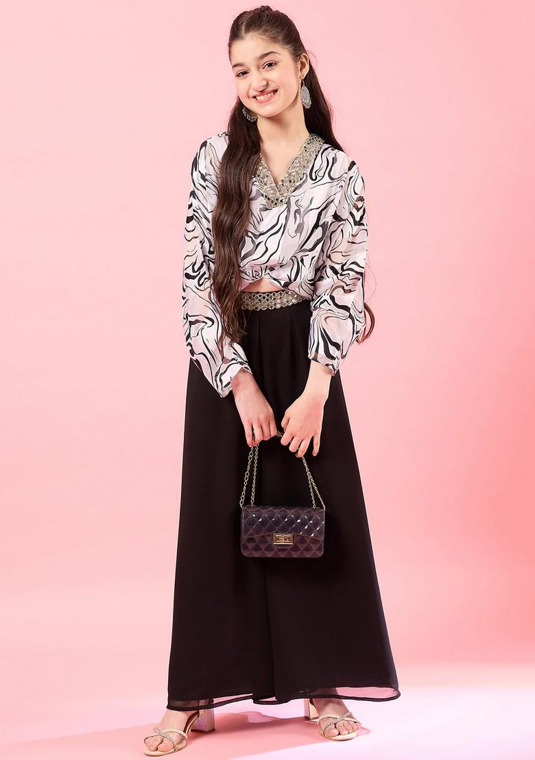 Black Printed Georgette Top With Palazzo (Set Of 2) - Indya