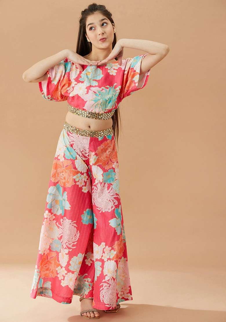 Magenta Printed Cotton Top With Pants (Set Of 2) - Indya