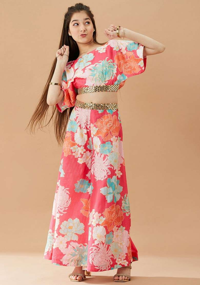 Magenta Printed Cotton Top With Pants (Set Of 2) - Indya
