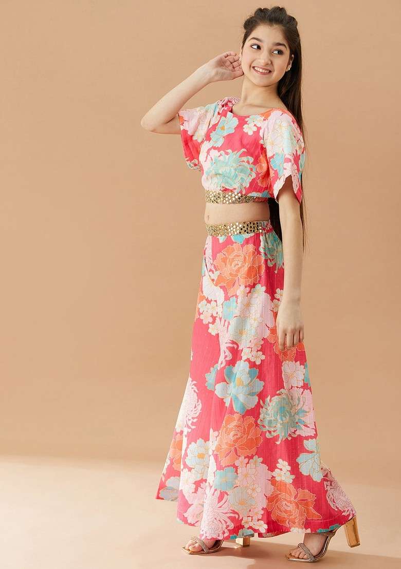 Magenta Printed Cotton Top With Pants (Set Of 2) - Indya
