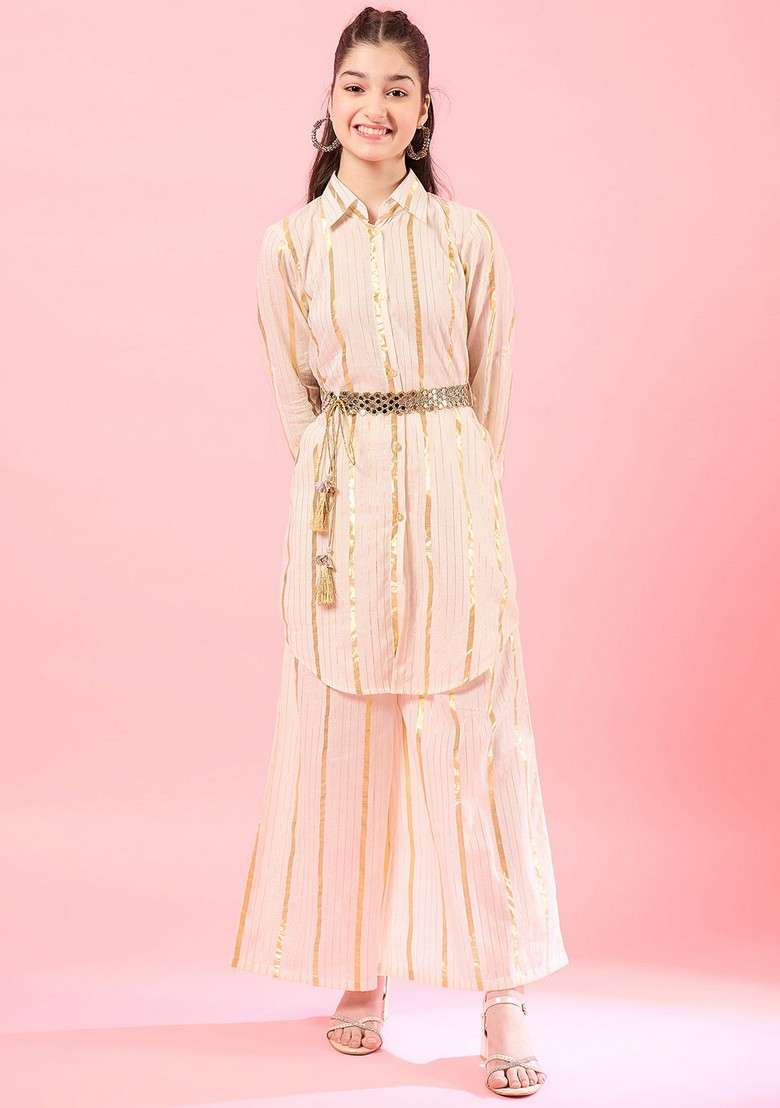 Off White Striped Cotton Kurta With Pants (Set Of 2) - Indya