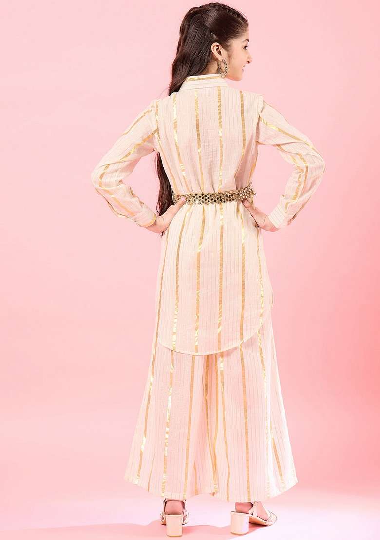 Off White Striped Cotton Kurta With Pants (Set Of 2) - Indya
