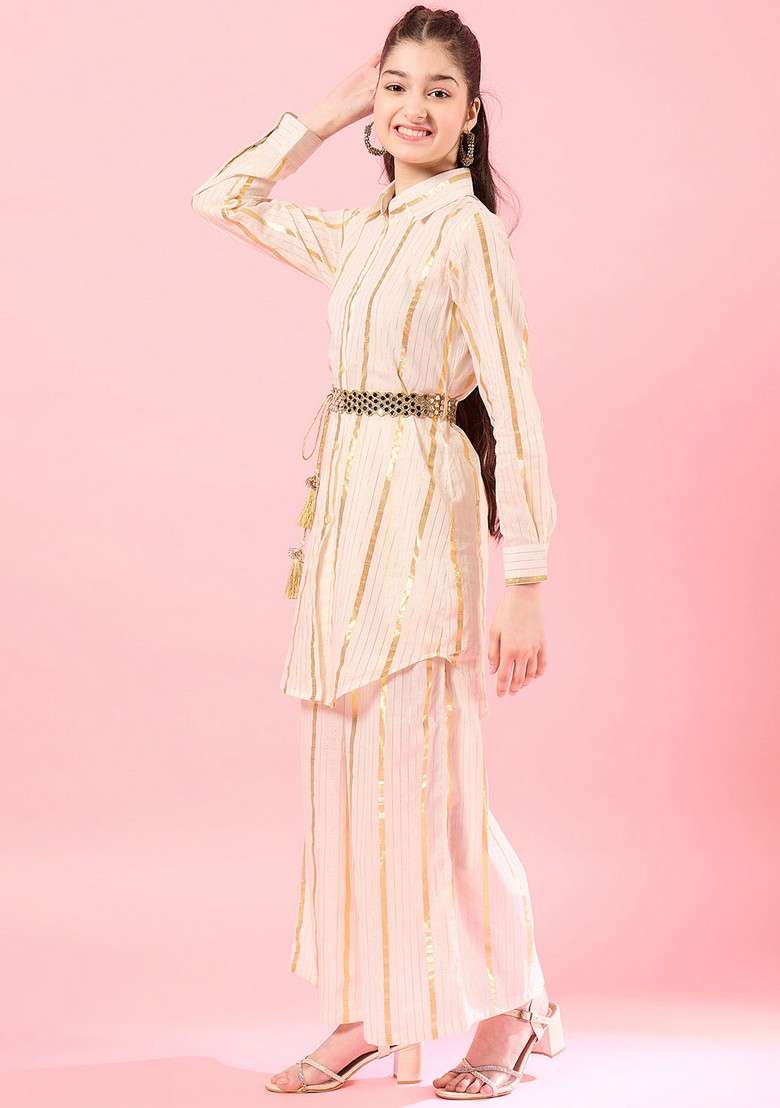 Off White Striped Cotton Kurta With Pants (Set Of 2) - Indya