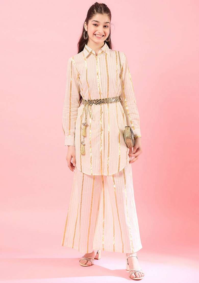 Off White Striped Cotton Kurta With Pants (Set Of 2) - Indya