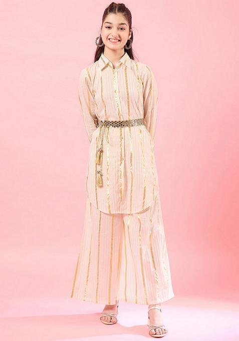 Off White Striped Cotton Kurta With Pants (Set Of 2)