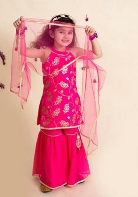 Red Printed Polyester Kurta And Sharara With Dupatta (Set Of 3)