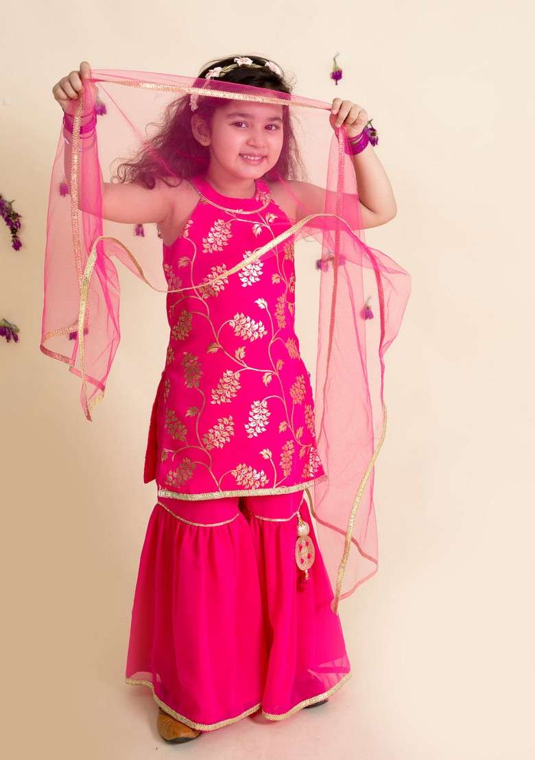 Red Printed Polyester Sharara Set - Indya