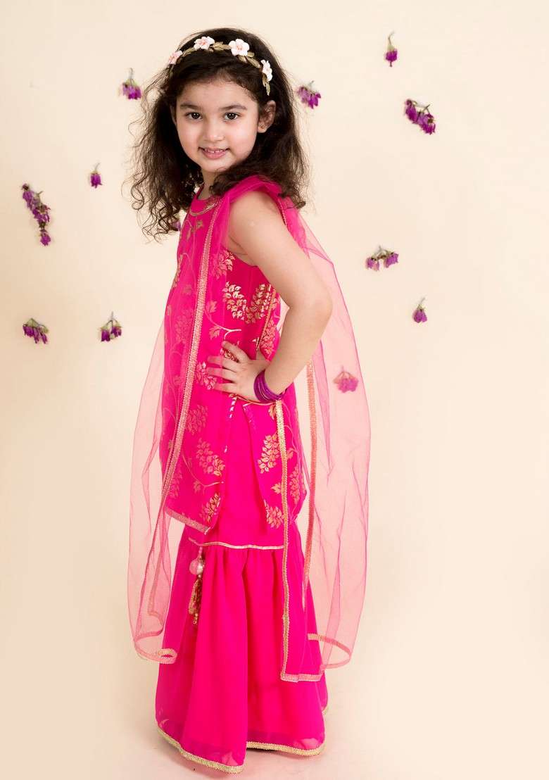 Red Printed Polyester Sharara Set - Indya