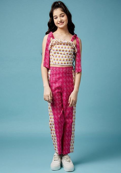 Magenta Printed Cotton Top With Pants (Set Of 2)