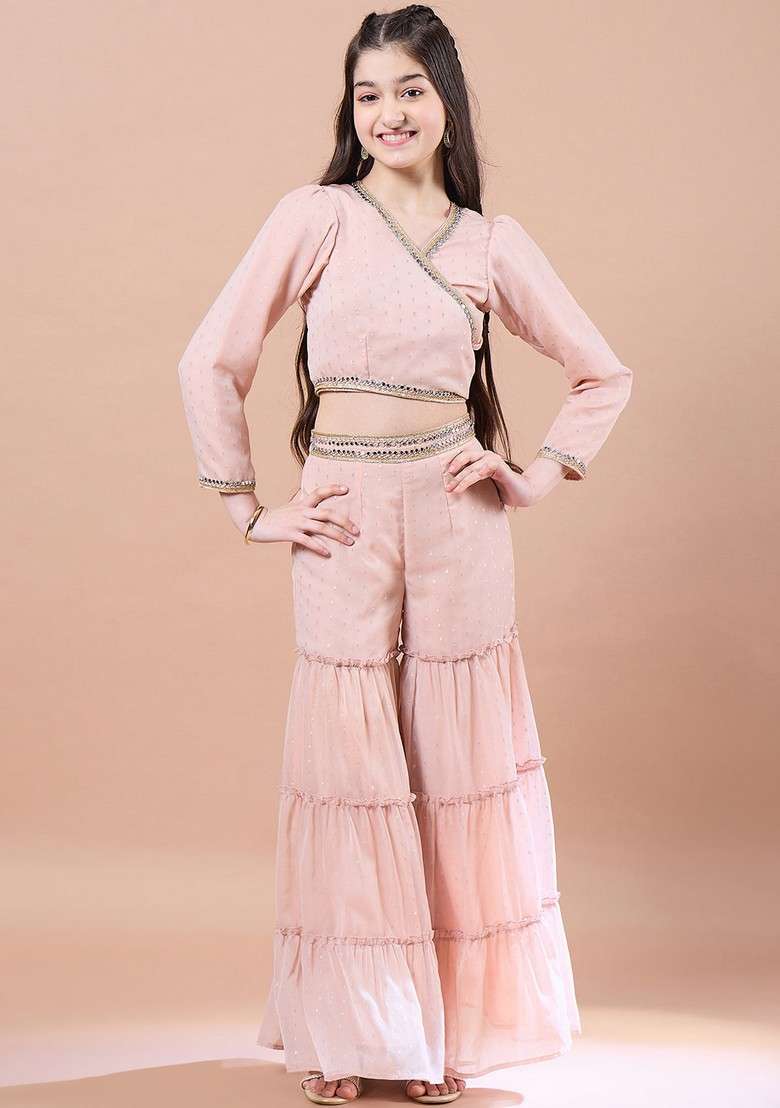 Peach Georgette Top With Pants (Set Of 2) - Indya