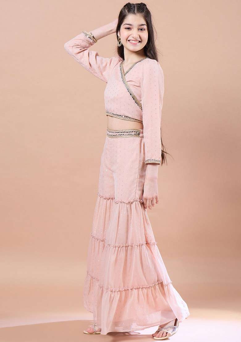 Peach Georgette Top With Pants (Set Of 2) - Indya
