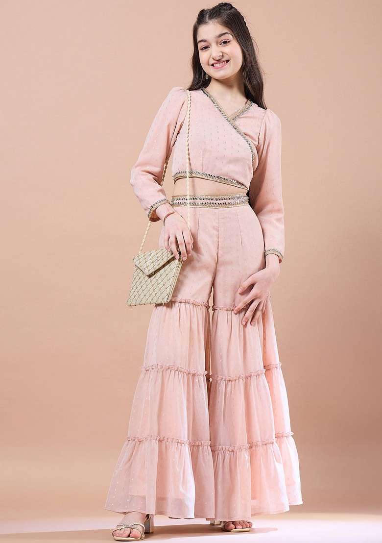 Peach Georgette Top With Pants (Set Of 2) - Indya