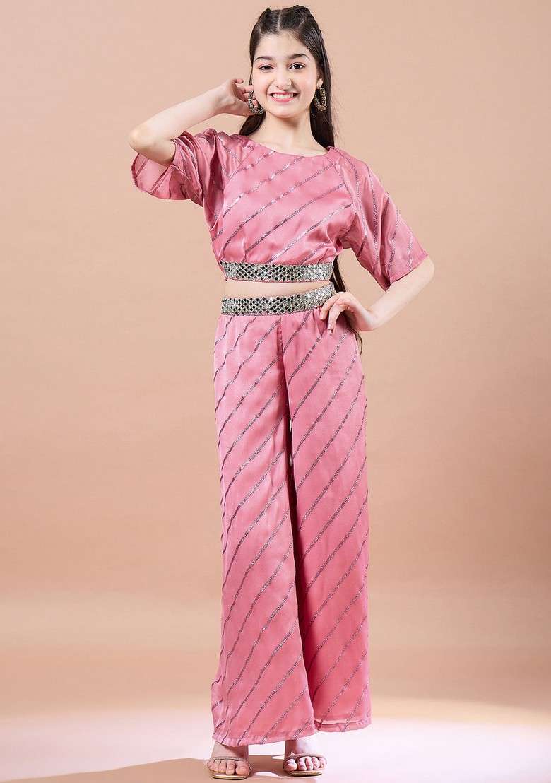 Peach Striped Georgette Top With Pants (Set Of 2) - Indya