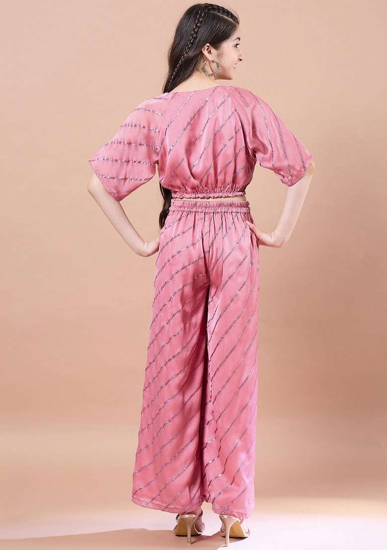 Peach Striped Georgette Top With Pants (Set Of 2) - Indya