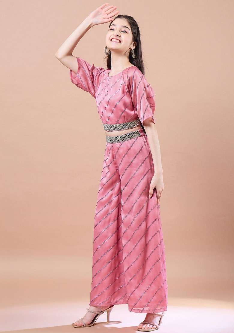 Peach Striped Georgette Top With Pants (Set Of 2) - Indya
