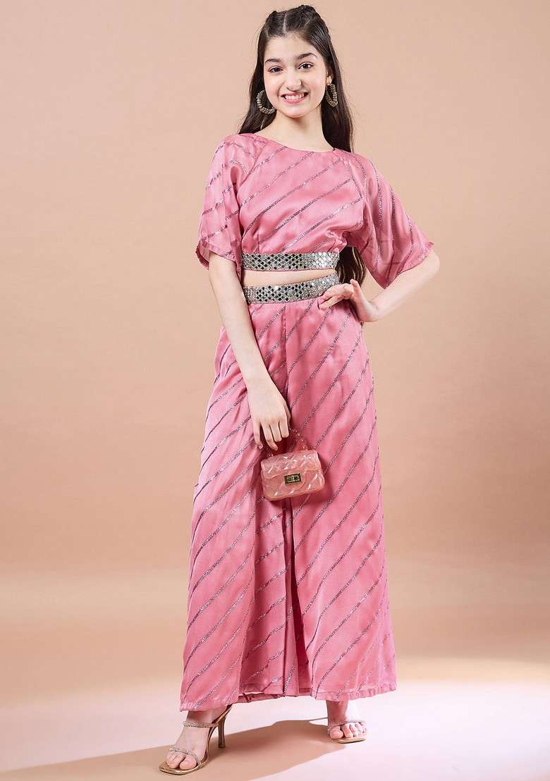Peach Striped Georgette Top With Pants (Set Of 2) - Indya