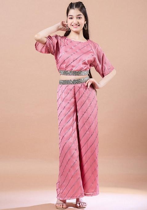Peach Striped Georgette Top With Pants (Set Of 2)