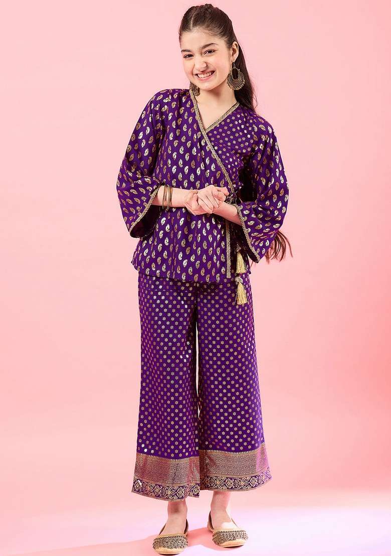 Wine Printed Polyester Top With Pants (Set Of 2) - Indya