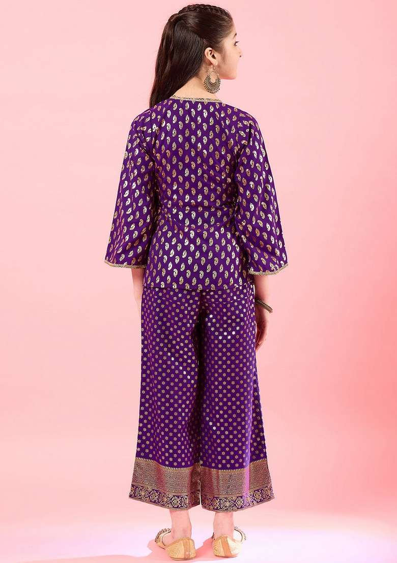 Wine Printed Polyester Top With Pants (Set Of 2) - Indya