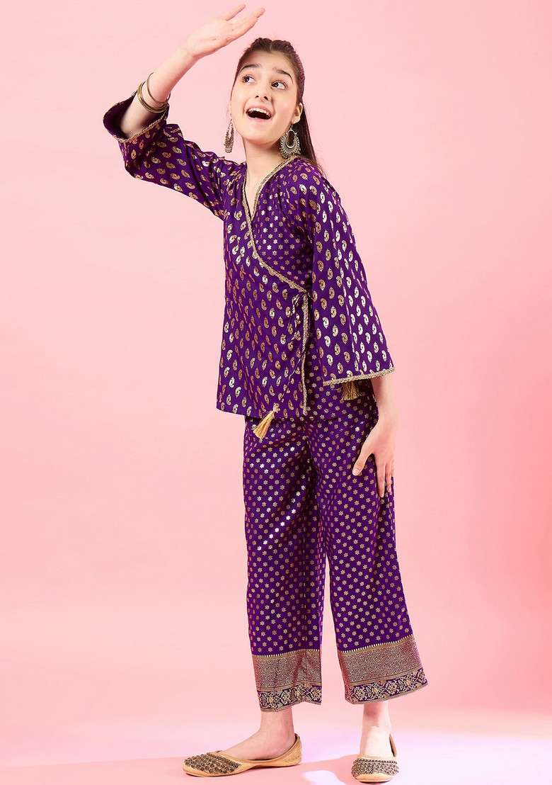Wine Printed Polyester Top With Pants (Set Of 2) - Indya