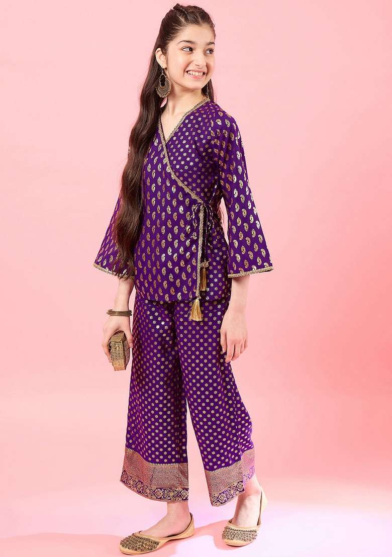 Wine Printed Polyester Top With Pants (Set Of 2) - Indya