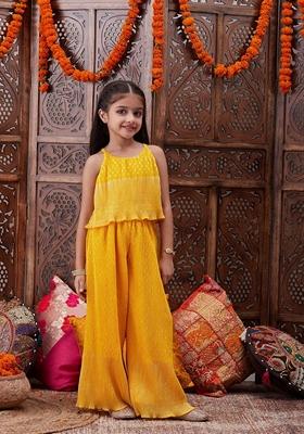 Yellow Printed Georgette Top With Pants (Set Of 2)