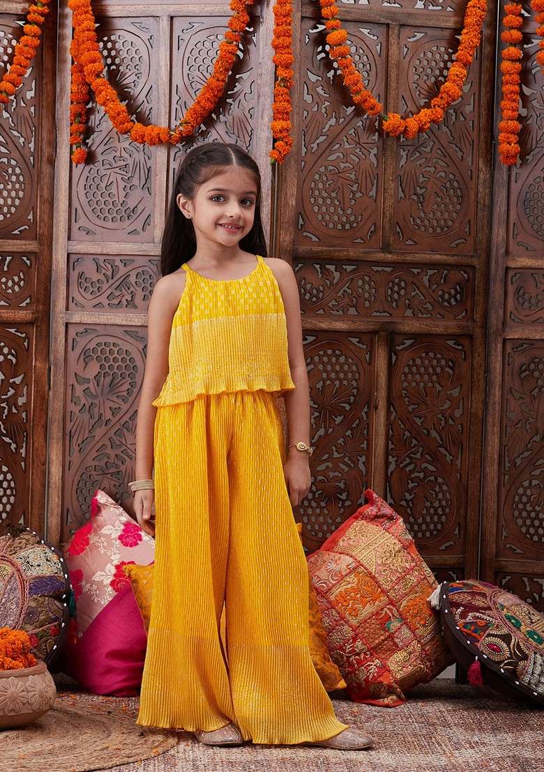 Yellow Printed Georgette Top With Pants (Set Of 2) - Indya