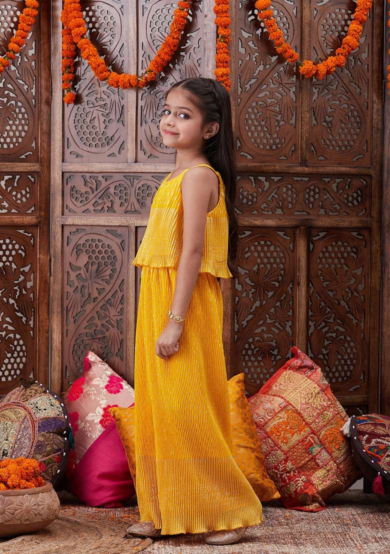 Yellow Printed Georgette Top With Pants (Set Of 2) - Indya