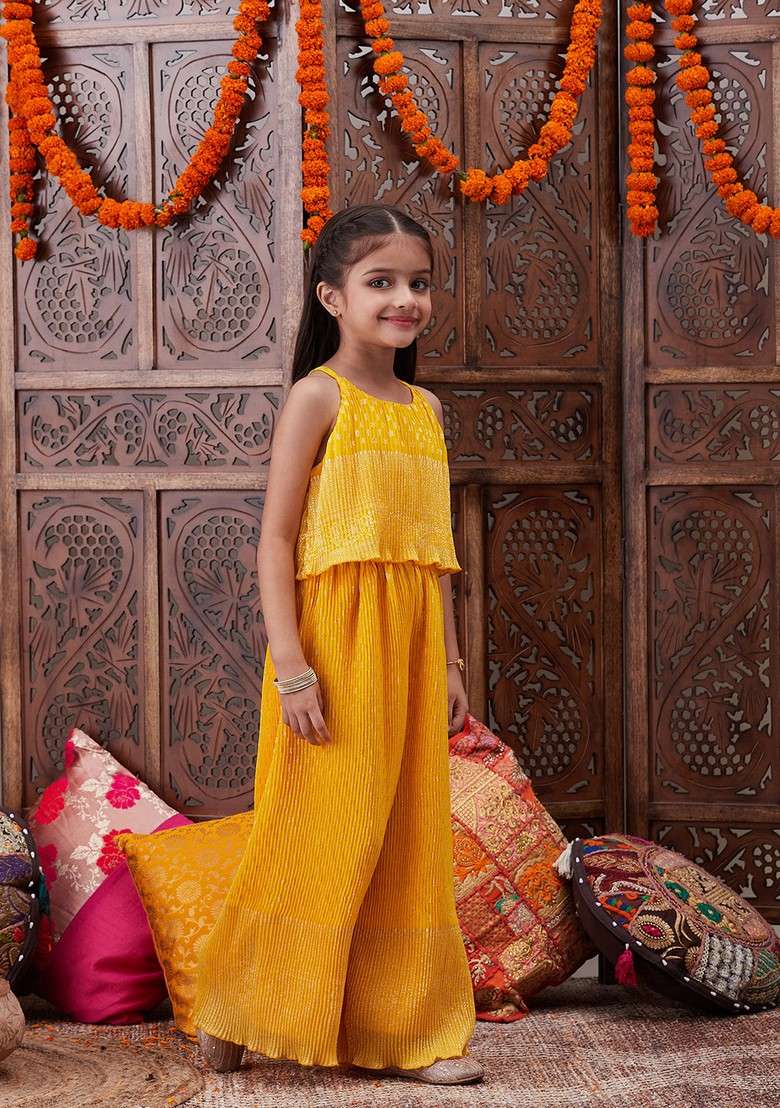 Yellow Printed Georgette Top With Pants (Set Of 2) - Indya