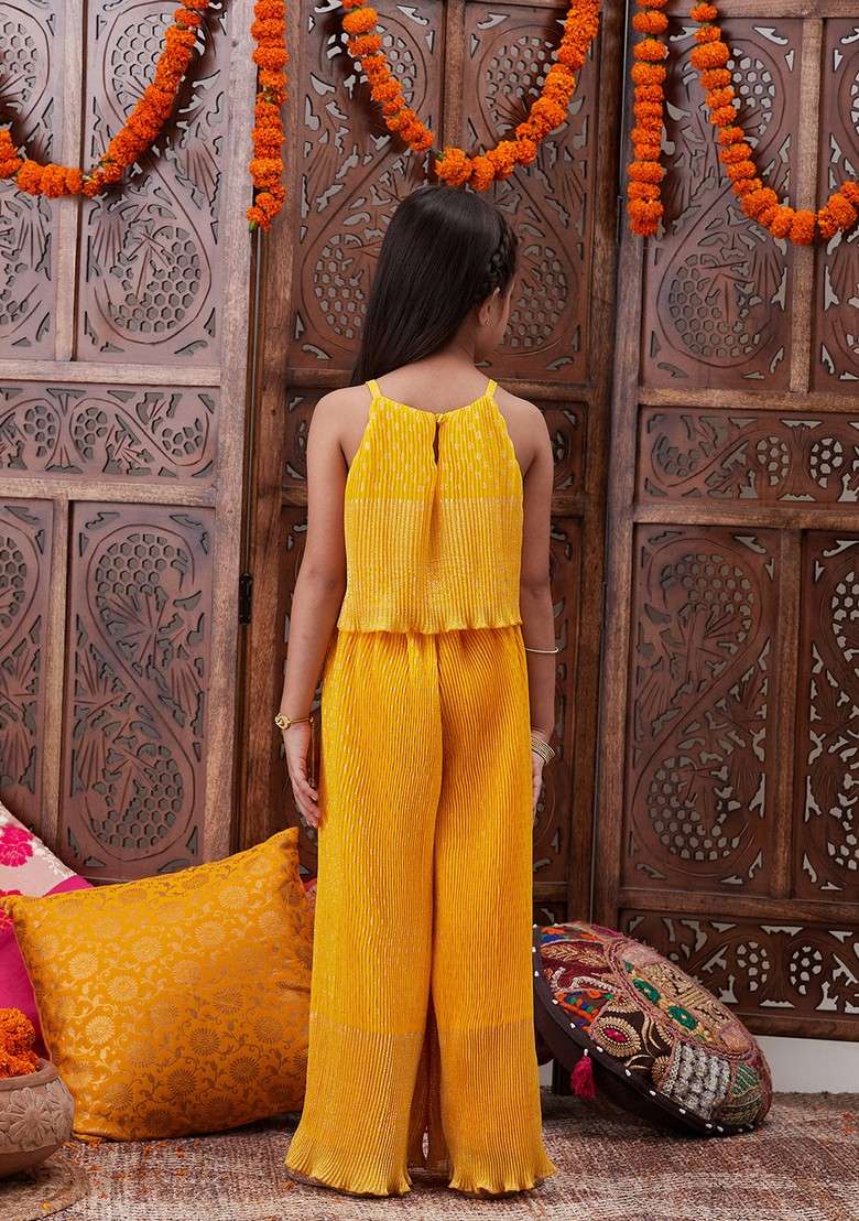 Yellow Printed Georgette Top With Pants (Set Of 2) - Indya