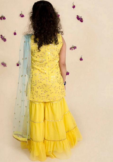Yellow Embroidered Polyester Kurta And Sharara With Dupatta (Set Of 3)