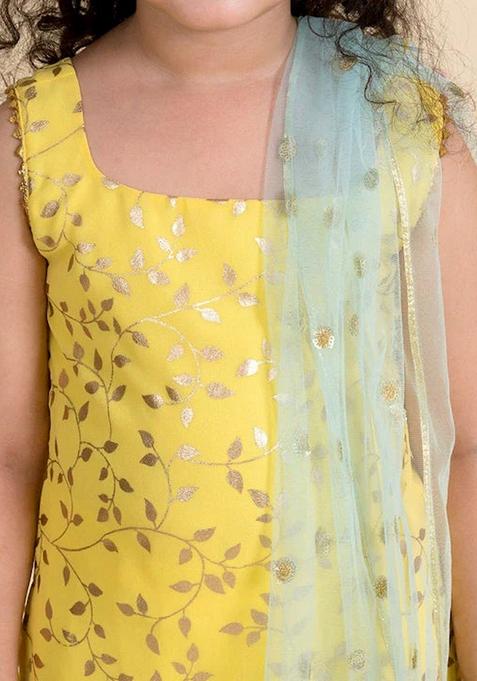 Yellow Embroidered Polyester Kurta And Sharara With Dupatta (Set Of 3)