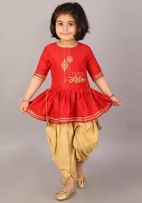 Red Embroidered Cotton Silk Dhoti Set For Girls