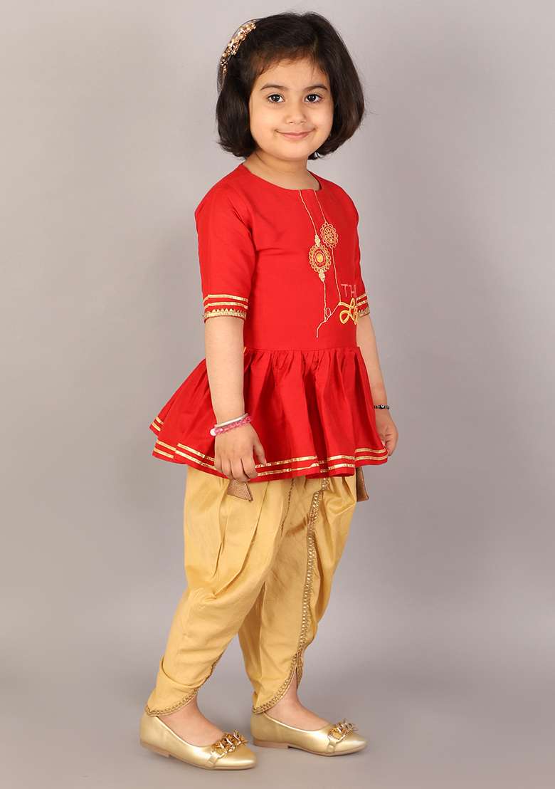 Red Embroidered Cotton Silk Dhoti Set For Girls - Indya