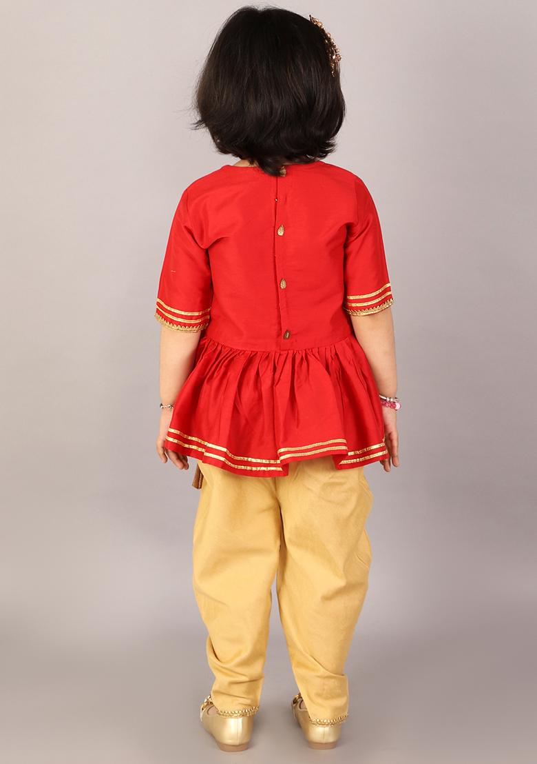 Red Embroidered Cotton Silk Dhoti Set For Girls