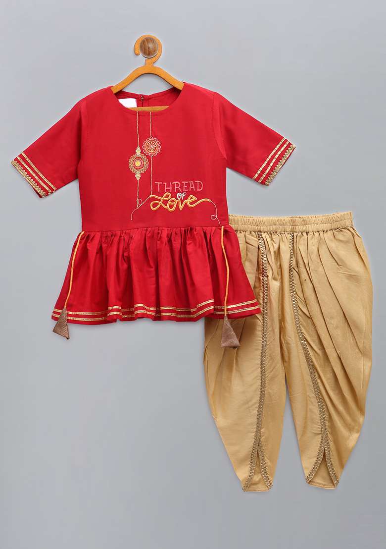 Red Embroidered Cotton Silk Dhoti Set For Girls - Indya