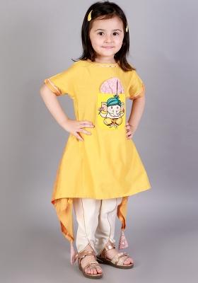 Yelow Embroidered Cotton Silk Dhoti Set For Girls